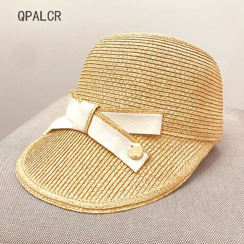 QPALCR 2019 Spring Summer Straw Hats For Women Female Grass Baseball Cap Fashion Bow Shade Sunscreen Straw Hat Retro Ladies Hat