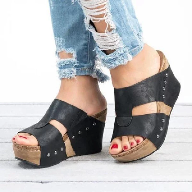 

Puimentiua Women's Slippers Summer Beach Casual Shoes Girls Leather Wedges Slippers Fashion Comfortable Platform mujer Sliders