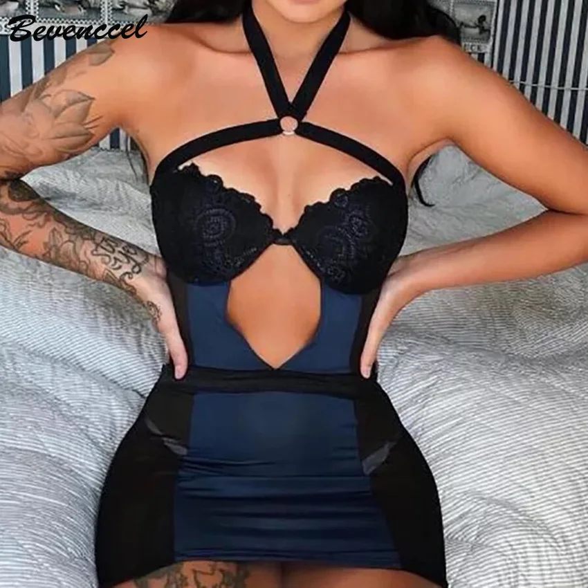 

Bevenccel Bandage Dress 2019 Straps V Neck Lace Patchwork Front Split Elegant Runway Celebrity Evening Party Dress Vestidos