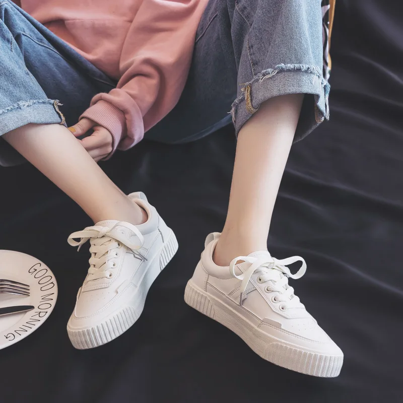 US $20.02 Women Shoes 2019 Autumn New Fashion Trend Comfortable Leather Shoes Flats Casual White Shoelace LowTop Shoes Women