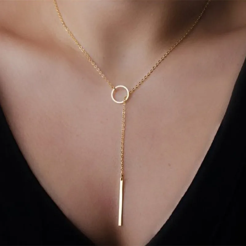 

Hot new Romantic Women Accessories Fashion Plated Metal Chain Bar Circle Lariat Necklace Long Strip Pendant Necklaces Jewelry