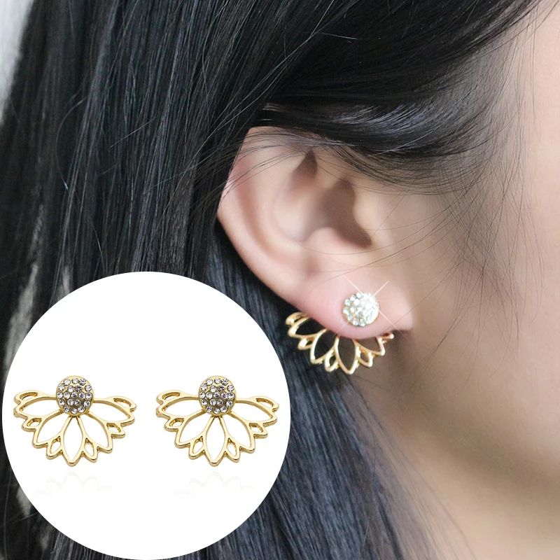 

Trendy Lotus Earrings For Women Girls Crystal Hollow Flower Stud Earrings Simple Double Sided Gold Silver Color Earings Brincos