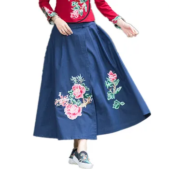 

2019 Autumn Winter Cotton Linen Skirts Womens Faldas Largas Embroidery Vintage Ethnic Saia Tutu Long Maxi Skirt Woman Clothing