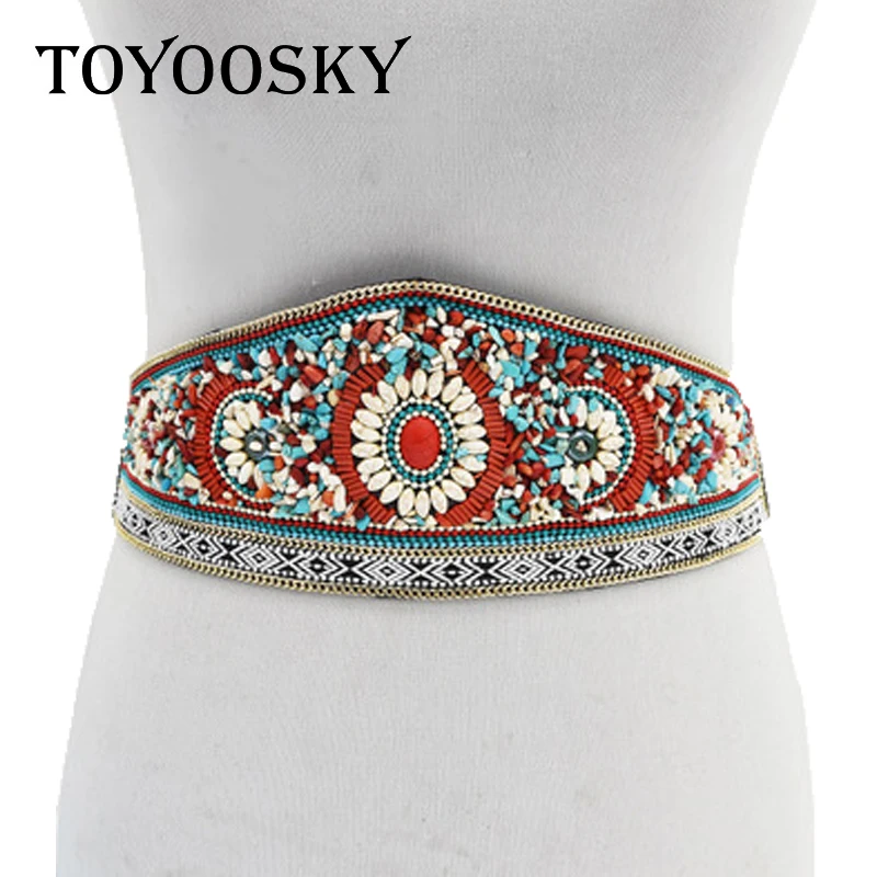

2019 New Arrival Vintage Bohemian Women Belt with Carved Stone Print Snap Buckle National Wind Cummerbund for Women TOYOOSKY