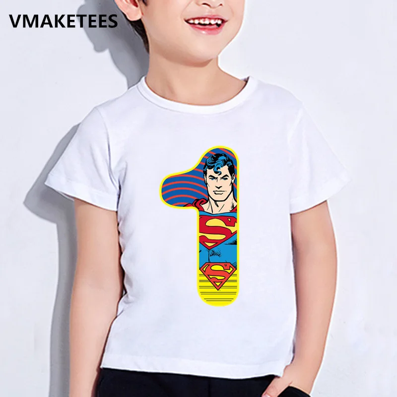 Забавная летняя футболка для мальчиков и девочек, детская футболка с принтом Супермена/Бэтмена, номер 1-9, детская одежда на день рождения, HKP2428 - Цвет: HKP2428A