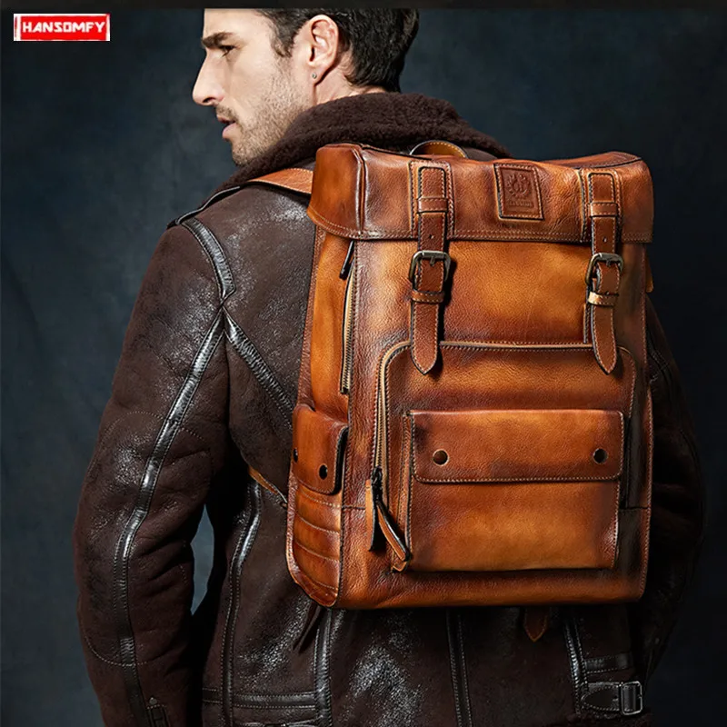 Роскошный бренд, Большой Вместительный винтажный замшевый кожаный мужской рюкзак, дорожная сумка на плечо, полностью воловья натуральная кожа, мужские рюкзаки
