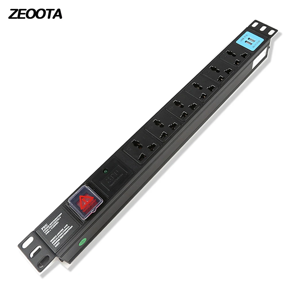 

1U PDU Power Strip Surge Protector SPD Plug Socket with USB Universal 6 Outlets Cabinet 10A Aluminum Alloy 2m Extension Cord
