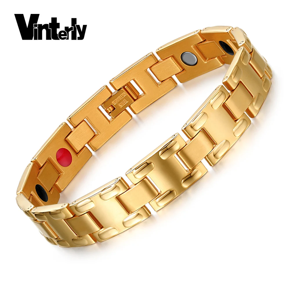 Vinterly магнитный браслет мужской ручной браслет Энергетический Браслет для здоровья мужской золотой цвет германий из нержавеющей стали браслеты для мужчин