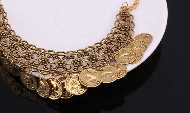 Seblasy Винтаж цыганские полые резные цветы античная монета золотого цвета чокер с кисточками ожерелья и подвески для женщин массивные ювелирные изделия