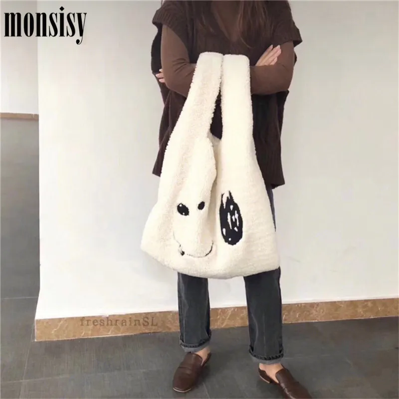 

Monsisy Winter Wool Shopping Bag Women Tote Handbag Female Shoulder Bag Cute Big Capacity Ladies Portable Travel Grocery Bag