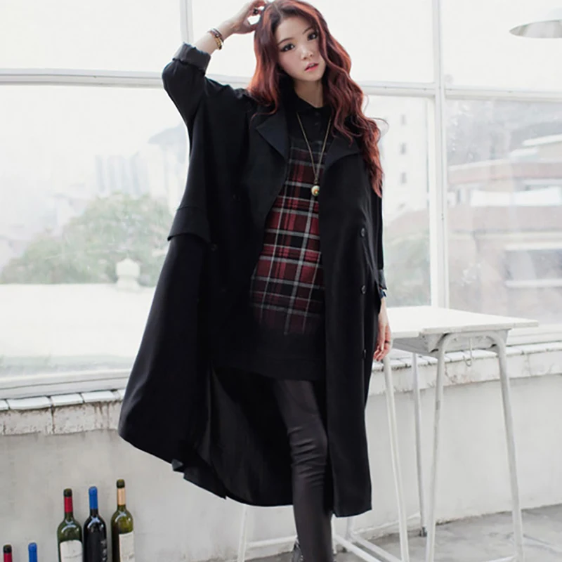 

[EWQ] New Spring Autumn 2019 Fashion Patchwork Lapel Full Sleeve Double Breasted Pocket Long Big Size Windbreaker Women QE324