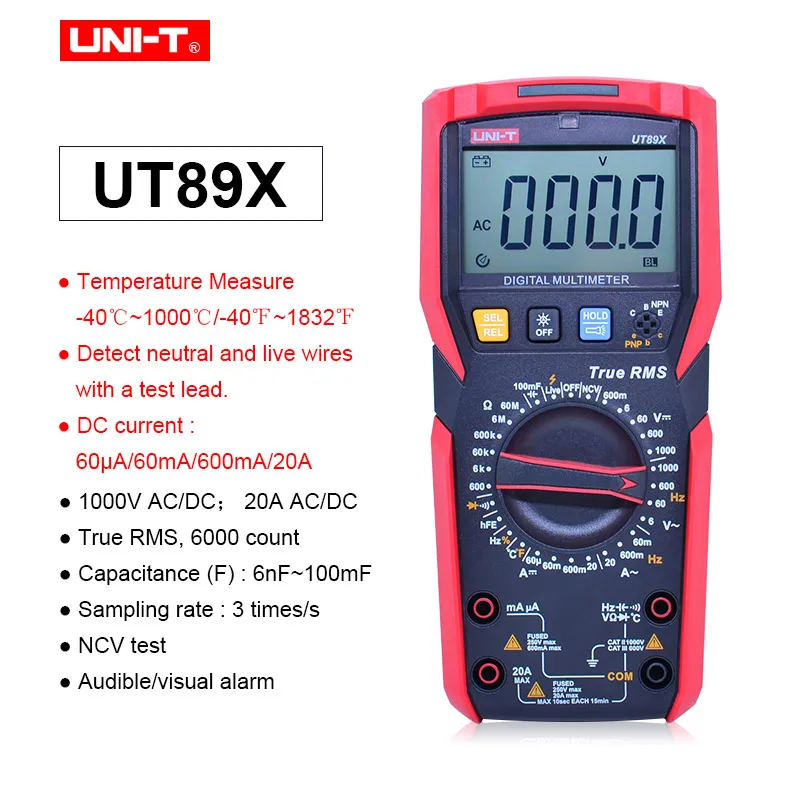 UNI-T UT89X/UT89XD цифровой мультиметр с автоматическим переключением истинного среднеквадратичного значения переменного тока в постоянный Multimetro бесконтактная проверка напряжения переменного/конденсатор с алюминиевой крышкой/Триод/температуры/светодиодный тестер 100V 20A - Цвет: UT89X