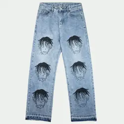 Мужские модные синие джинсы с принтом аниме свободные брюки в стиле хип-хоп 2019 Новые повседневные мужские скейтерские штаны на молнии