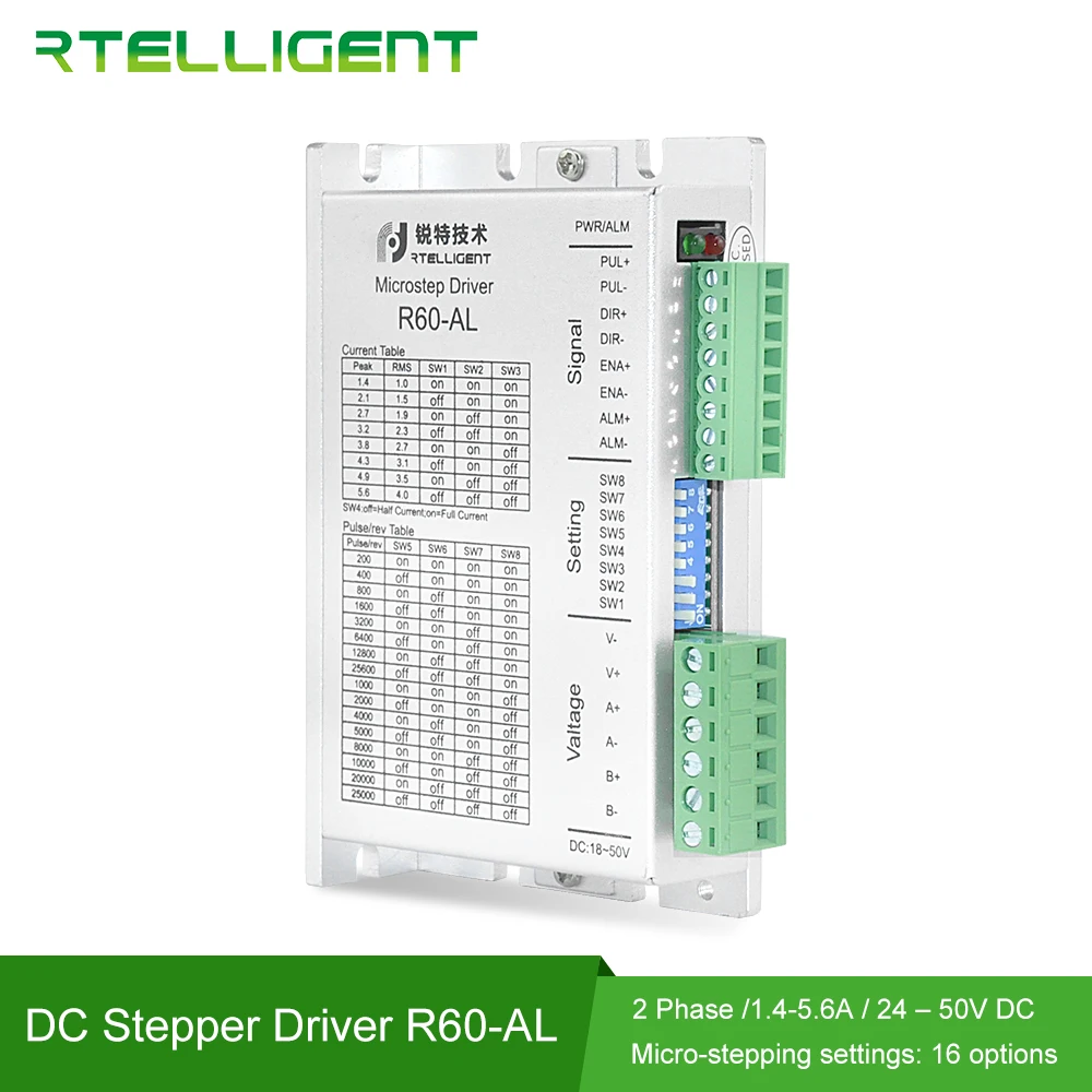 

Rtelligent R60-AL Nema 24 Stepper Motor Driver CNC Kit 5.6A 24-50VDC DC Motor Driver for NEMA17 23 24 Stepper Motor kit CNC