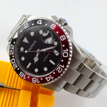 

Luxury Brand 40mm Parnis Black Dial GMT Luminous Hands Sapphire Glass SS Case Black & Red Bezel Automatic Movement Men's Watch