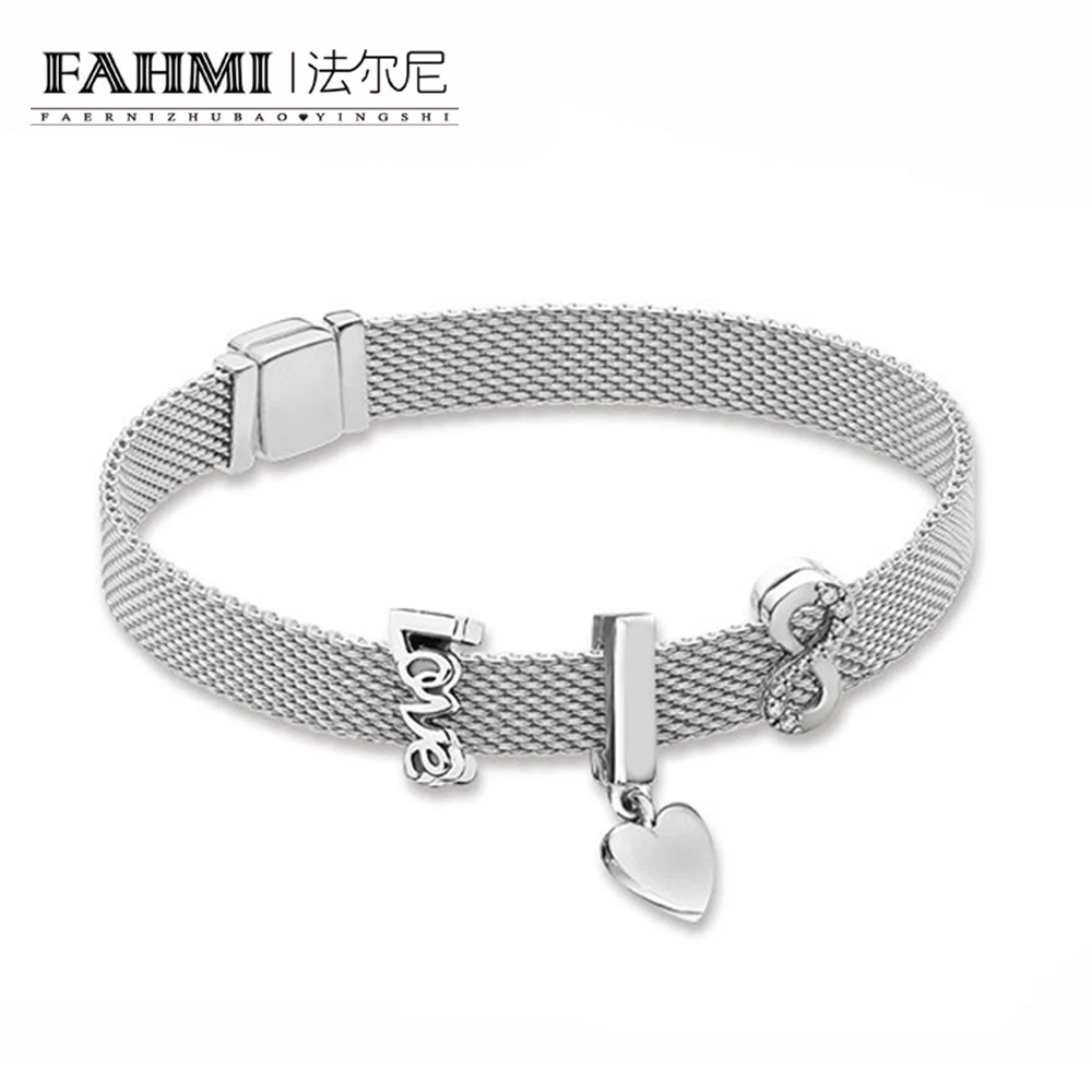 

FAHMI 100% 925 Sterling Silver New Reflexions Floating Heart Clip Charm Love Clip SPARKLING INFINITY CLIP CHARM Bracelet Set