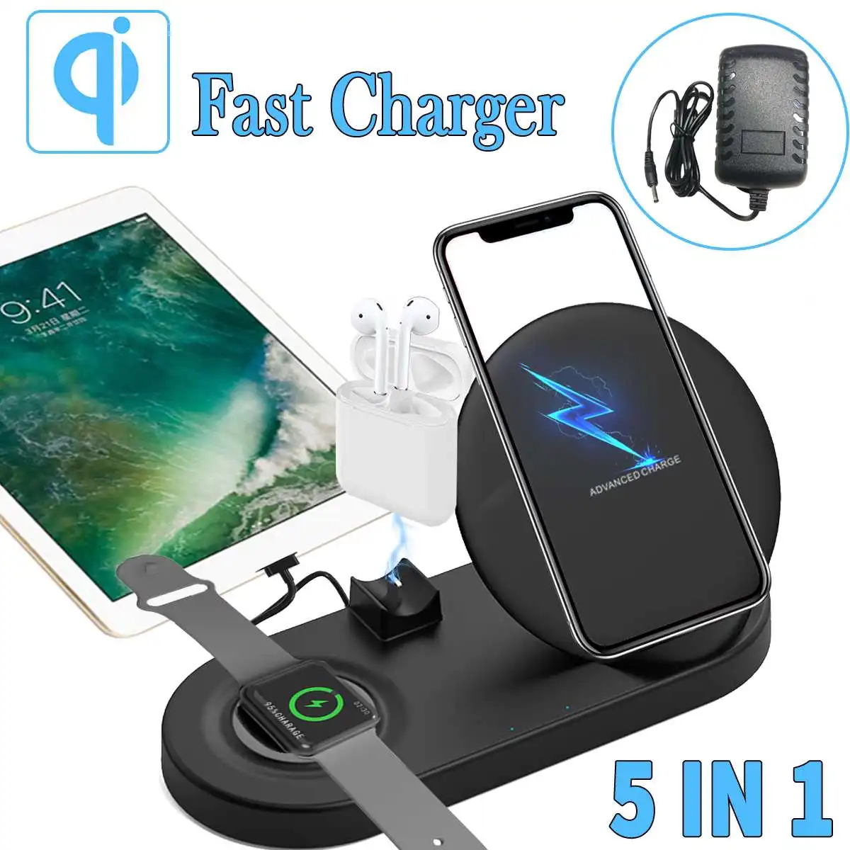 

5 In 1 Fast Qi Wireless Charger Mount Power Supply for Mobile Phone for iWatch for iPad for Airpod Charger Stand UK/US/EU Plugs