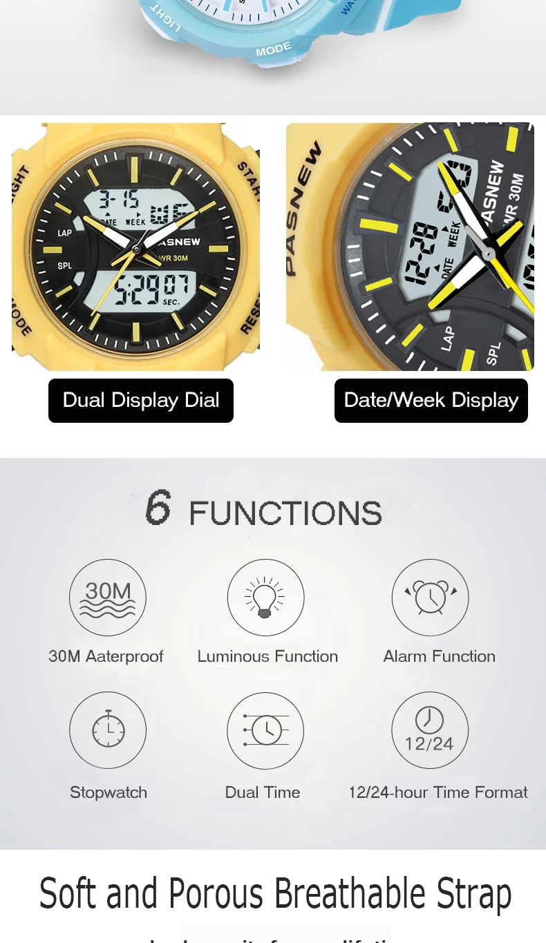 PASNEW аналоговые цифровые часы с японским механизмом для подростков повседневные модные водонепроницаемые спортивные наручные часы 30 м PSE-470