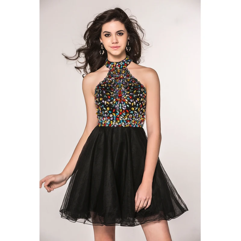 Sexy Black Dresses Halter Neckline with Colorful Beads A