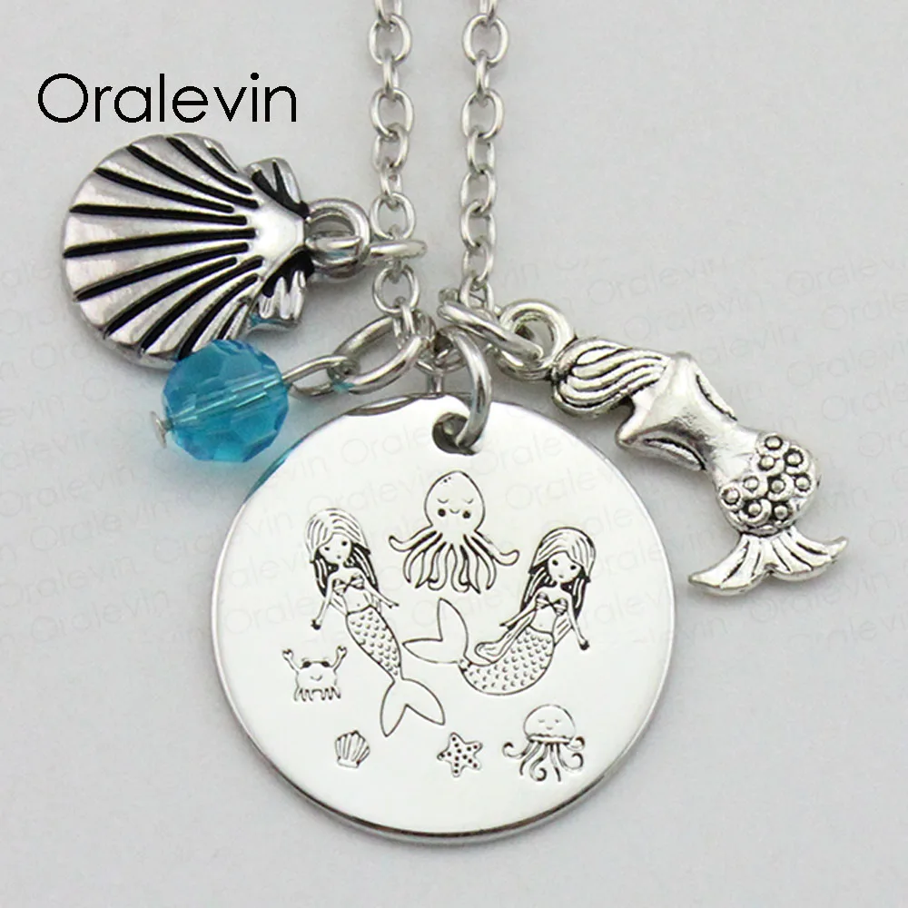 

Fashion MERMAID OCTOPUS CRAB Inspirational Hand Stamped Engraved Custom Pendant Female Necklace Gift Jewelry,10Pcs/Lot, #LN2032