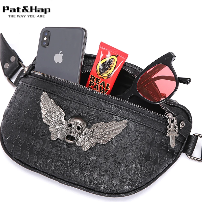 

Pat&Hap Leather Rock Style Tough Guy Fanny Packs Men Tough Guy Waist Pack Black Belt Bags Hip-hop Waist Bag Chest Bag