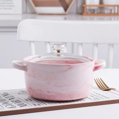 pink Креативная керамическая миска скандинавские мраморные керамические s двойное ухо мгновенная миска для лапши с крышкой Студенческая миска домашняя кухонная посуда - Цвет: pink