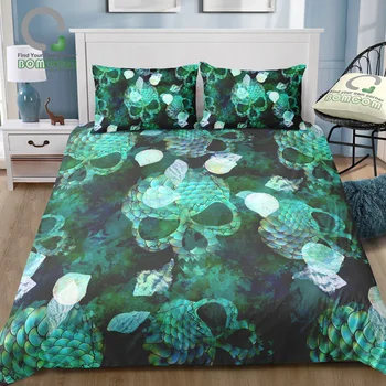 

BOMCOM 3D Digital Printing Watercolor Mermaid Scales Skull Bedding Scary Marine Design Duvet Cover 100% Microfiber Green