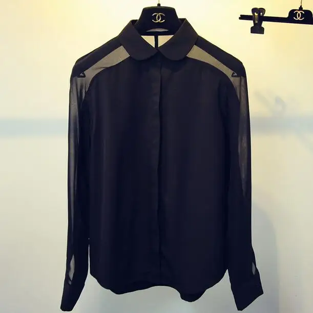 

2017 Fashion High Quality Peter Pan Collar Blouses Top Sexy Women's Chiffon Blouse Long Sleeve Transparent Full Shirt