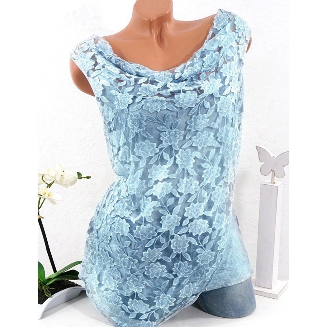

Plus Size Summer Sleeveless Lace Blouse Women Tops Summer Casual Floral Mesh Blouses And Shirts Vintage Tunic Femme Streetwear