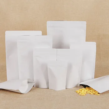 

100 Pcs White Stand up kraft Paper Zipper Bag for food, Paper Ziplock Food Snack Nuts Storage Bags Pouch