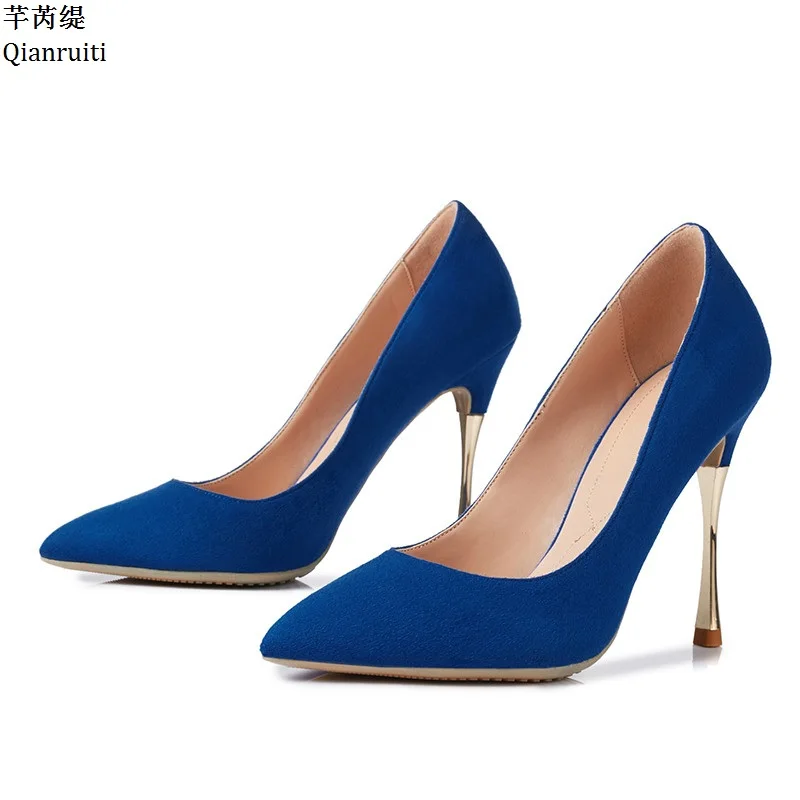 

Qianruiti Blue Red Faux Suede Women Wedding Shoes Pointed Toe High Heels Single Shoes Slip-On Metal Stiletto Heels Women Pumps