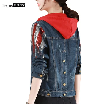 

New Hooded Denim Jacket Women Red Sequins Slim Short Jeans Jacket Women Casual Female Basic Coat Fashion Spring Autumn Outerwear