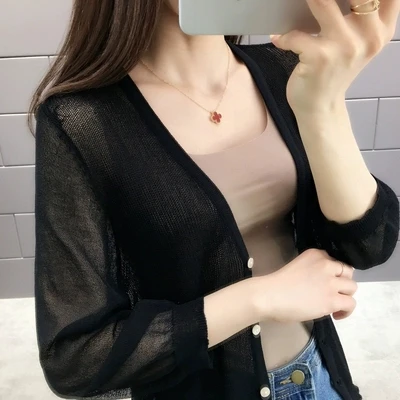 2019 New spring and summer summer female knit iced silk v-neck cardigan jacket with semi-permeable 2019 New spring and summer summer female knit iced silk v-neck cardigan jacket with semi-permeable