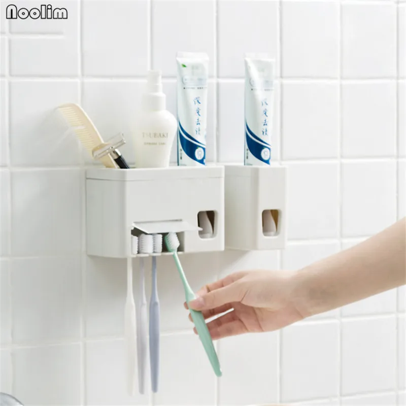 

NOOLIM Hand Free Toothpaste Dispenser Automatic Wall Mounted Sticker 4 Toothbrush Holder Squeezer Bathroom Organizer Shelf