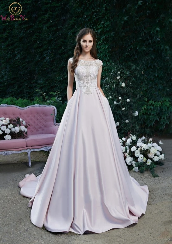 

Candy Colors Prom Dress 2019 New Arrival A-line Appliques Satin And Sweep Train O-neck Sleeveless Lace Top Elegant Evening Gown