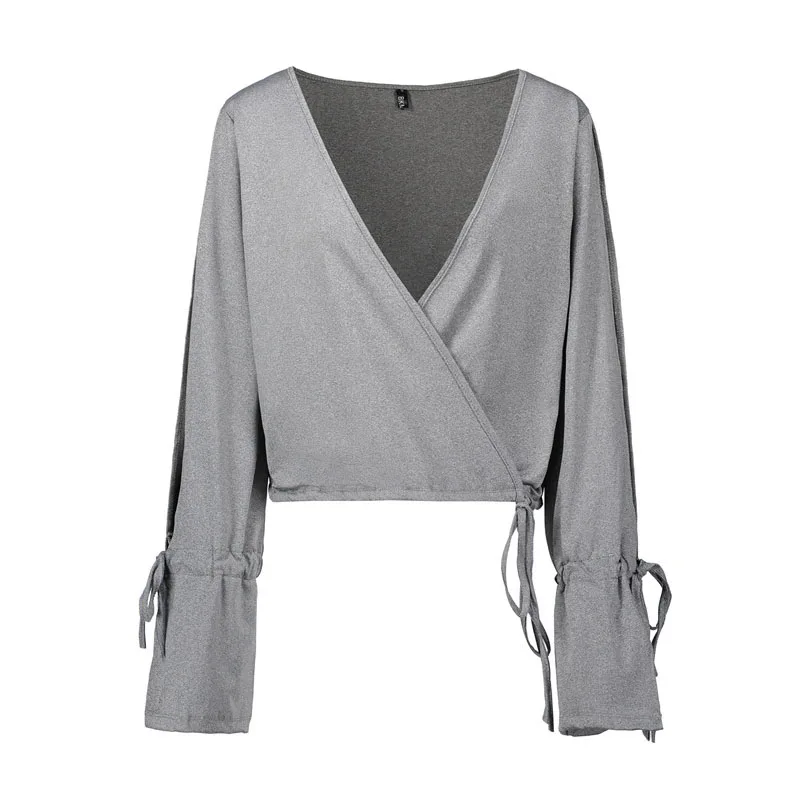 Short Sexy T-shirt Women Deep V Neck Full Sleeve Crop Top Trumpet long-sleeved solid loose T shirt Short Sexy T-shirt Women Deep V Neck Full Sleeve Crop Top Trumpet long-sleeved solid loose T shirt