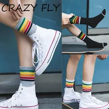 Магазин Crazy Fly, новинка, женские хлопковые носки в радужную полоску, повседневные женские носки,, мужские носки в стиле Харадзюку