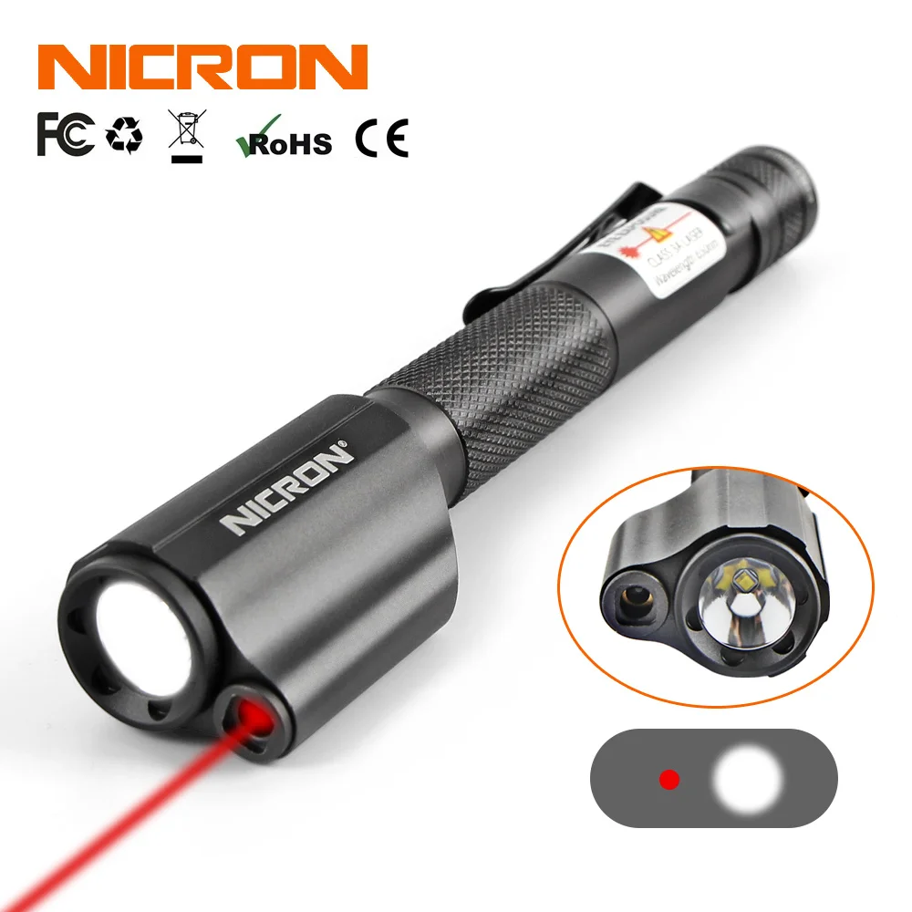 US $24.23 NICRON Mini Pen Style Flashlight With Red Laser For Guide Use Waterproof IP65 2xAAA Battery 120LM Mini Torch Lamp Lighting B24
