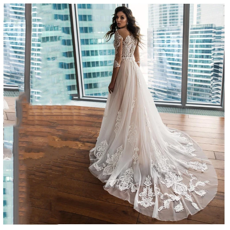 LORIE кружевное свадебное платье 3/4 с длинными рукавами Vestidos de novia, v-образный вырез, кружевное сексуальное свадебное платье, элегантные свадебные платья с открытой спиной