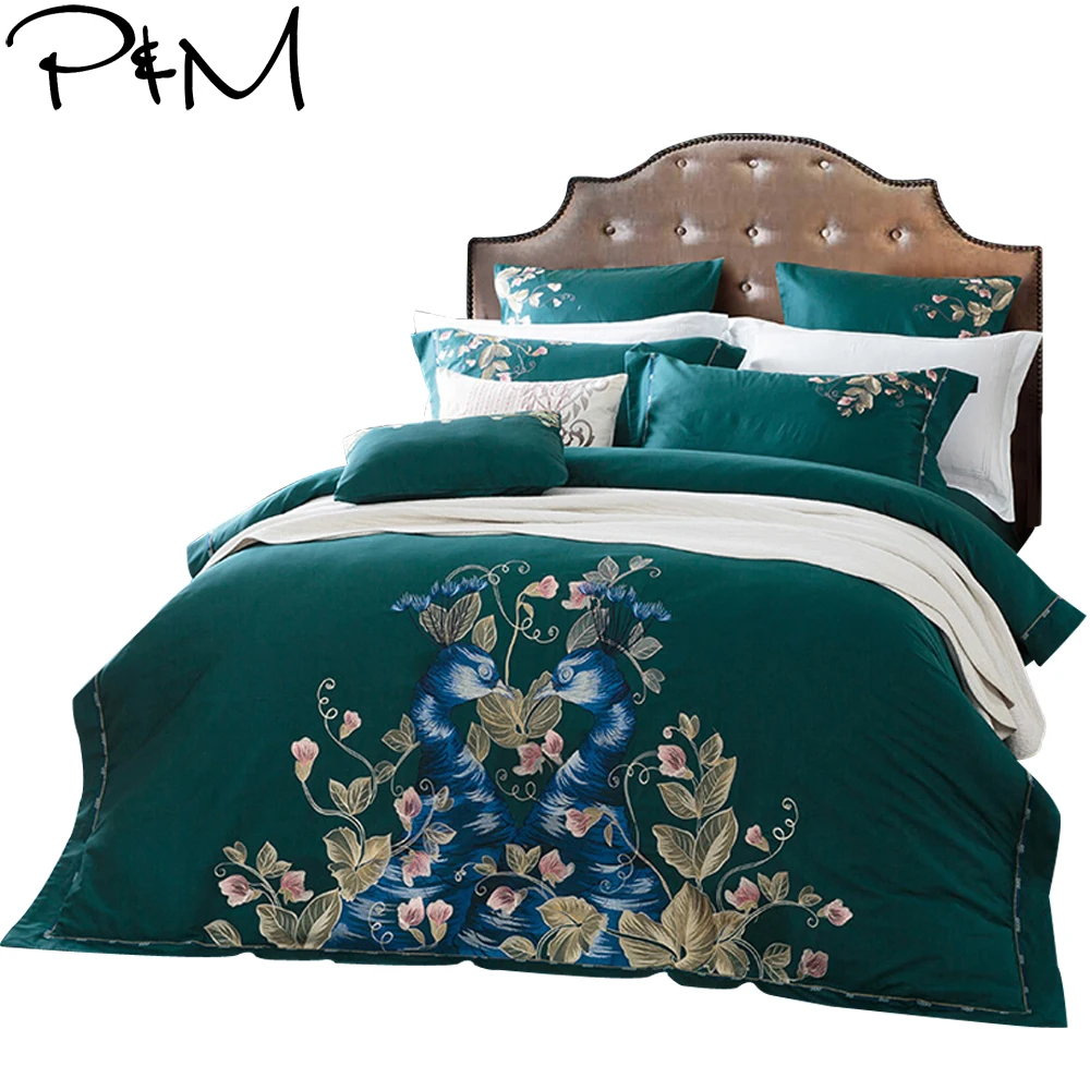 

Papa&Mima Egyptian cotton bedlinens Queen King size bedding set Peacocks and flowers Print flat sheet duvet cover pillowcases