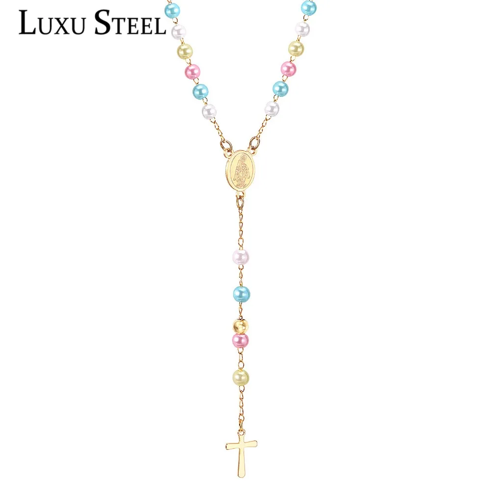 

LUXUSTEEL Colorful Handmade Round Glass Bead Chain Necklaces Stainless Steel Rosary Bead Cross Necklace 2019 Religious Jewelry