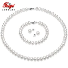 FEIGE 8-9 мм натуральный белый пресноводный жемчуг ожерелья с 3 предметами наборы с стерлингового серебра 925 серьги-гвоздики жемчужные браслеты