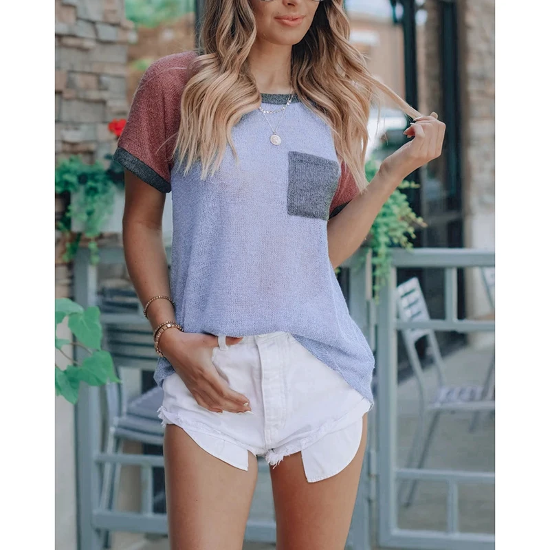 

2019 Women Summer O Neck Short Sleeve Casual Pocket Color Patchwork T-shirt Female Fashion All-match Streetwear Top Tees SJ3795M