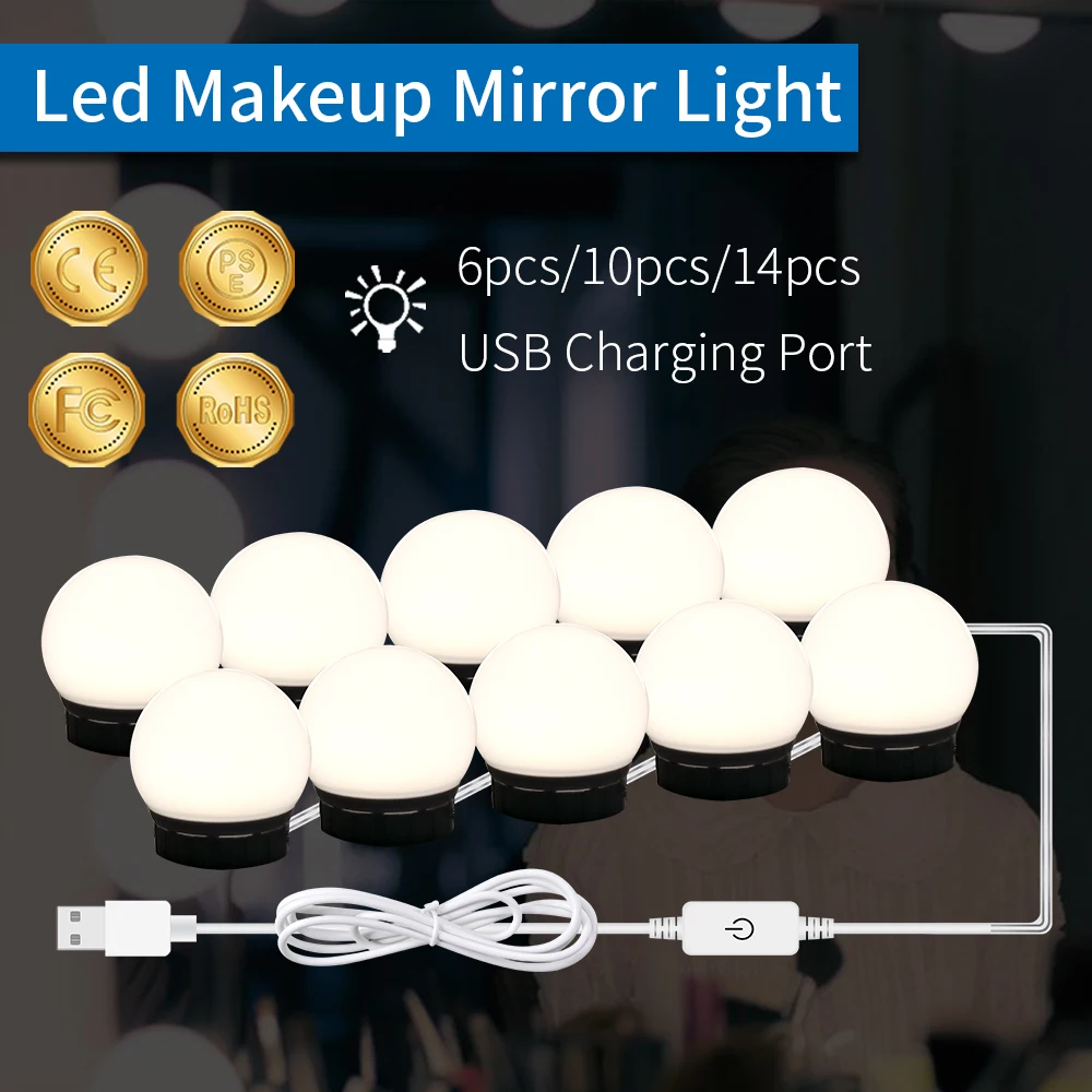 

USB LED Hollywood Mirror Light 2 6 10 14 Bulbs kit Power Supply Dressing Room Makeup LED Lamp Stepless Dimmable Vanity Lighting