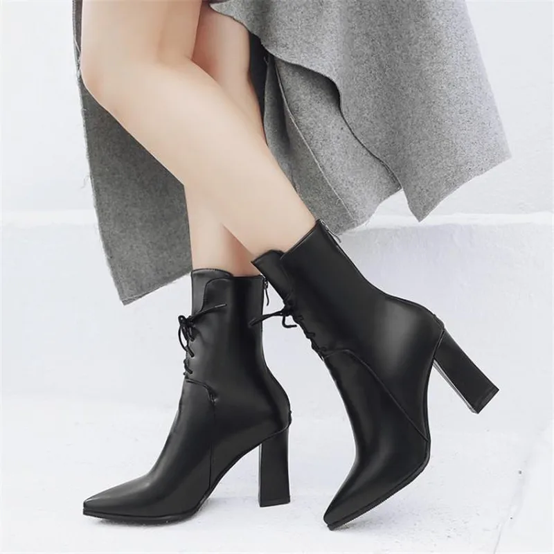 Brand Designers 2018 New Winter Women Shoes Black High Heels Riding Boots Lacing Platform Ankle Boots Chunky Heel Big Size 32-43 (13)