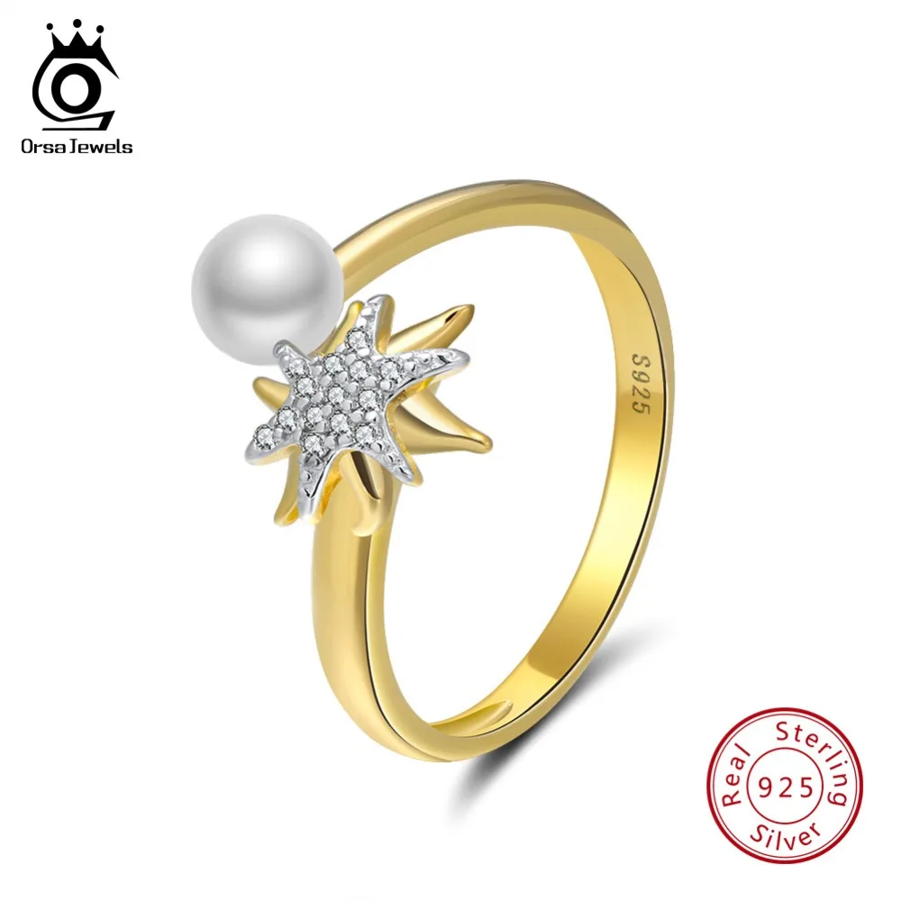 

ORSA JEWELS Adjustable Ring For Women 925 Solid Sterling Silver Rings Starfish AAA Shiny CZ Genuine Pearl Luxury Jewelry SR98
