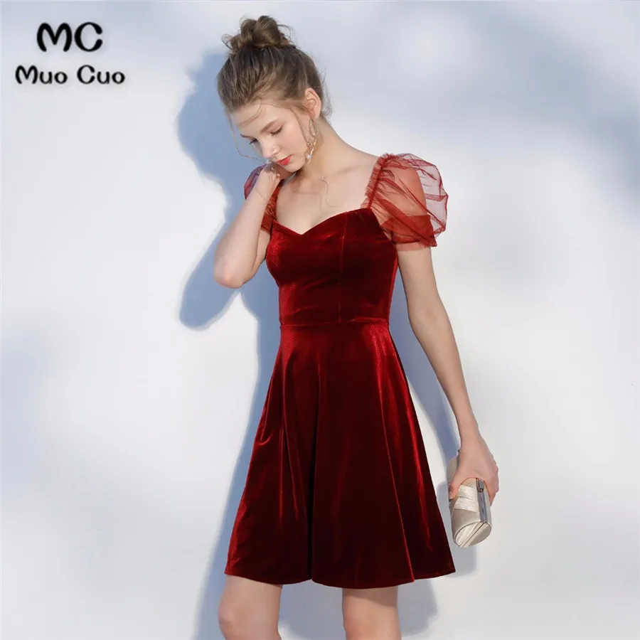 Real-Sample-Fashion-Burgundy-Taffeta-V-Neck-Backless-Short-Cocktail-Dresses-2018-Mini-Pleat-Cap-Sleeves (2)