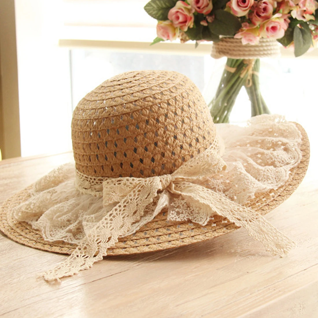 

Lace Sun Hats For Women New Fashion Wide Brim Beach Side Cap Floppy Female Straw Hat Lace Straw Hat Summer hat