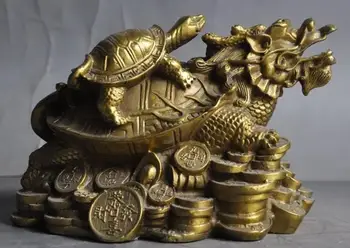 

6"Chinese fengshui brass wealth Money Longevity dragon turtle Tortoise statue