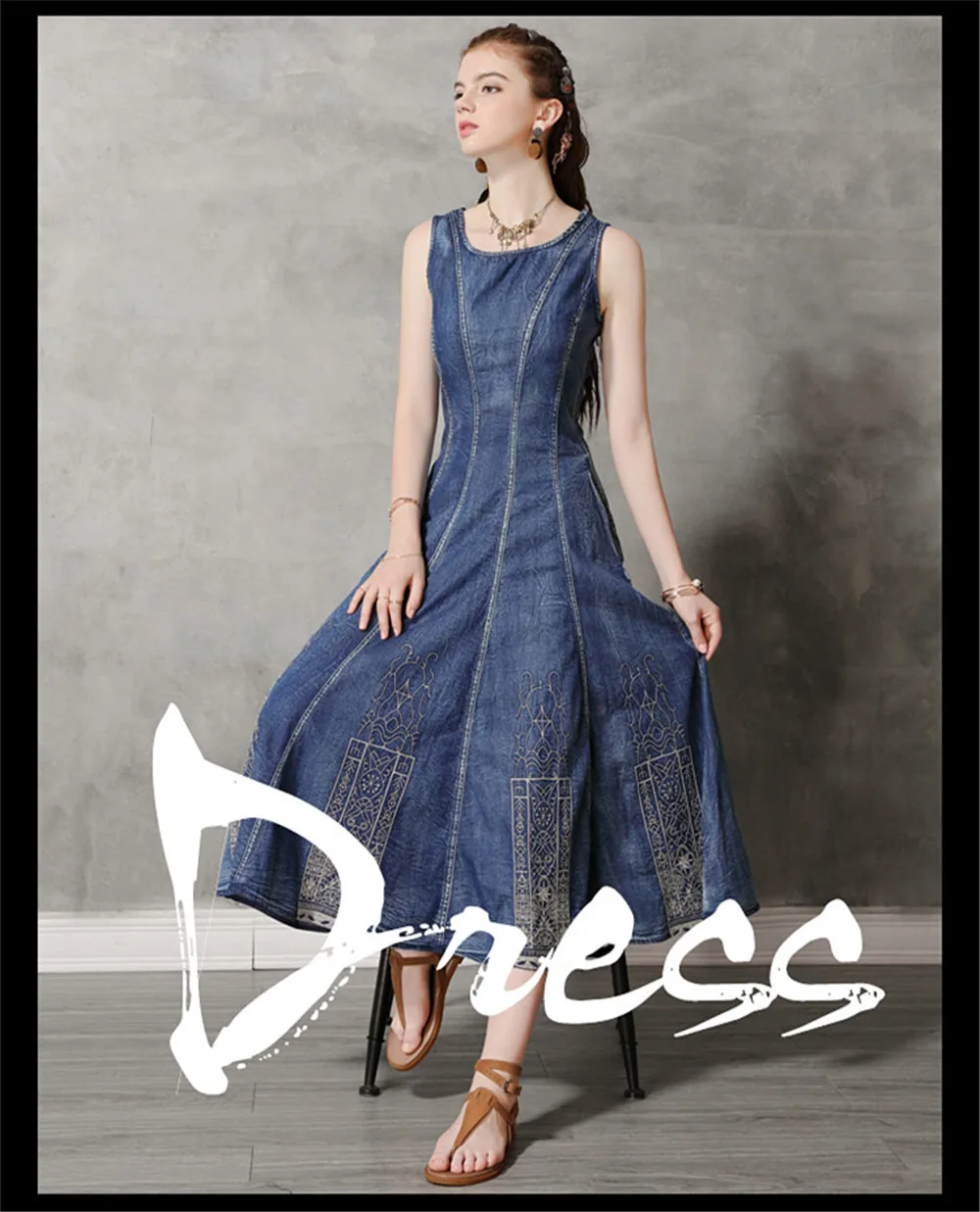 Vintage Summer Cotton Denim Dress 2019 Women's Dresses Sundress Embroidery O-Neck Vestido Women Tank Dress Sleeveless Dresses (1)